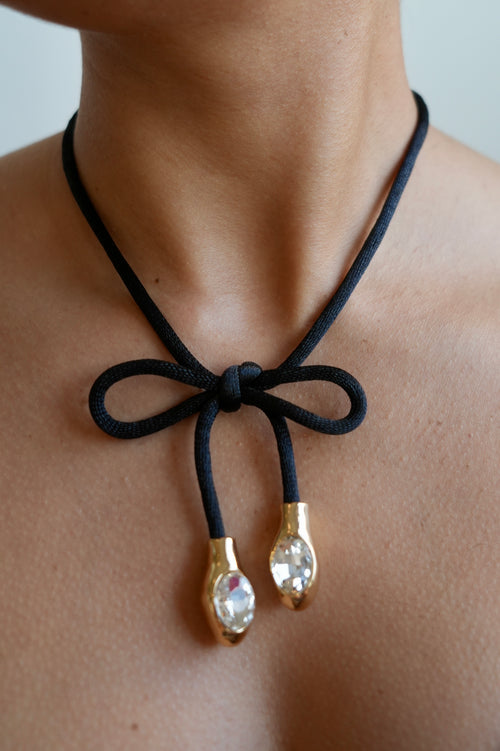 Black Bow Cord Necklace with Crystal Drops – Lazo Noir
