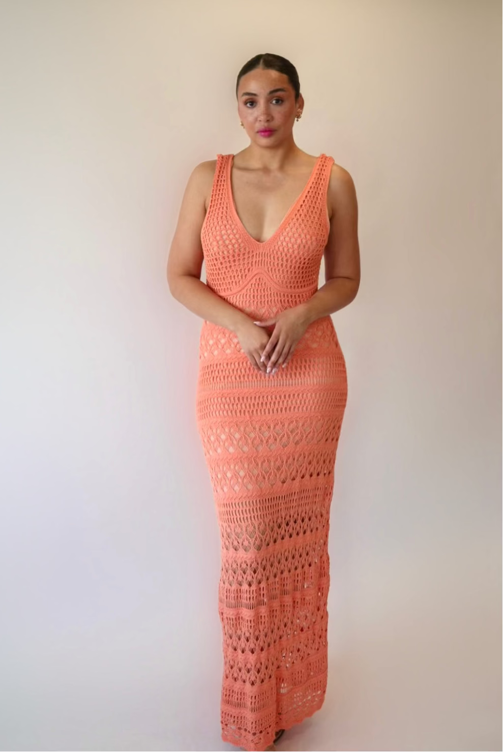 Summer Coral Knit Maxi Dress