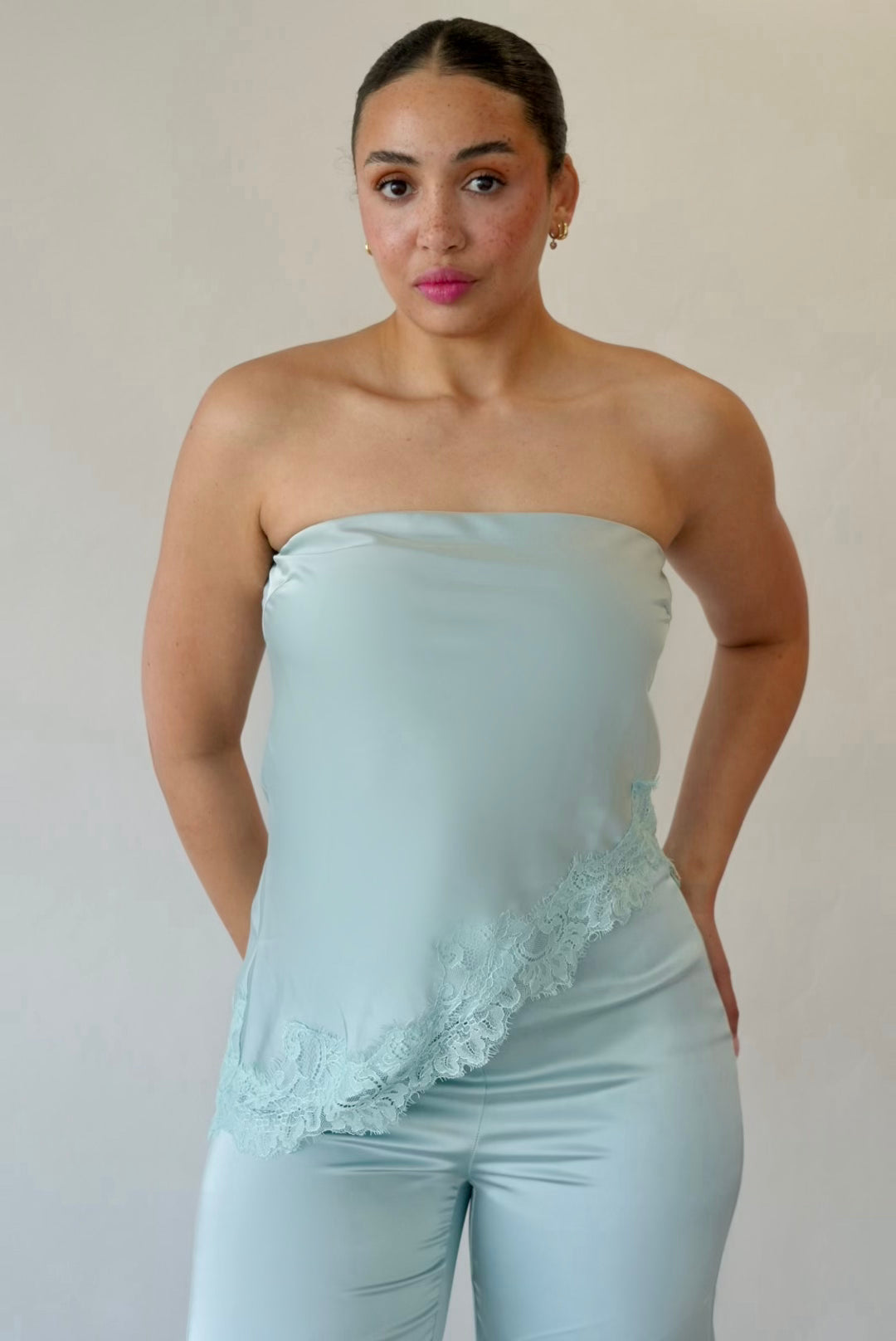 Aqua satin strapless matching set